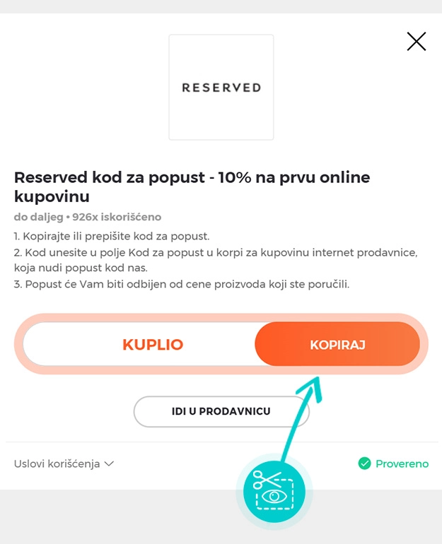 Uputstvo kako da kopirate kod za popust Reserved