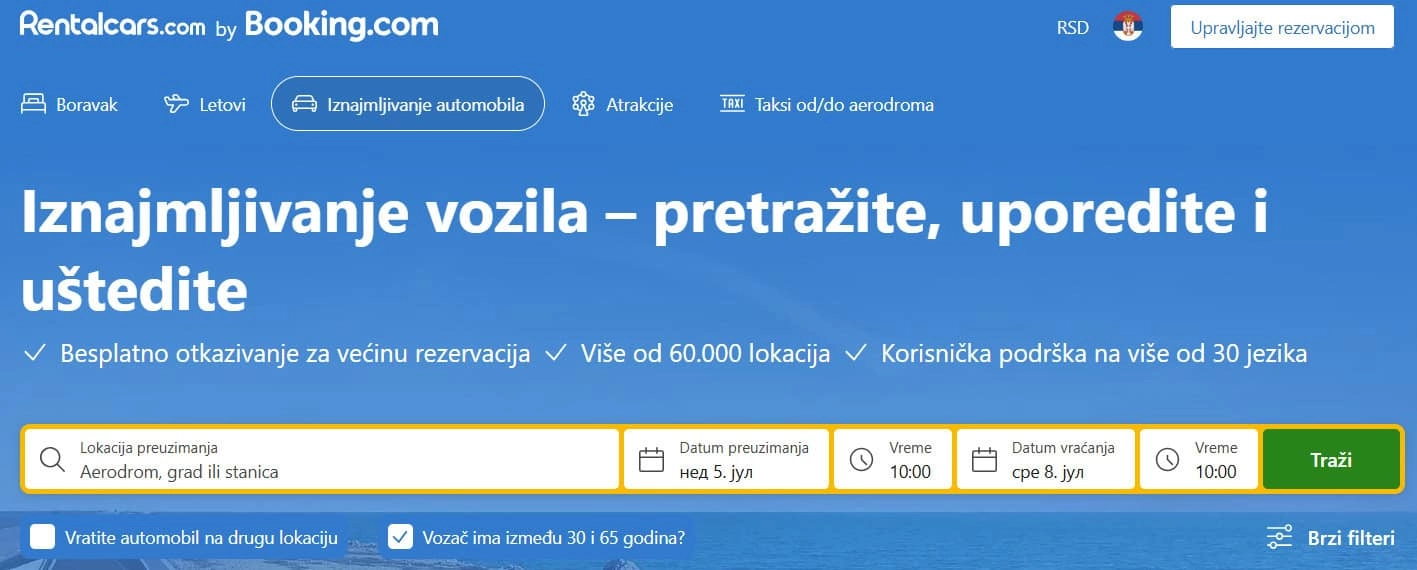 Rentalcars početna stranica