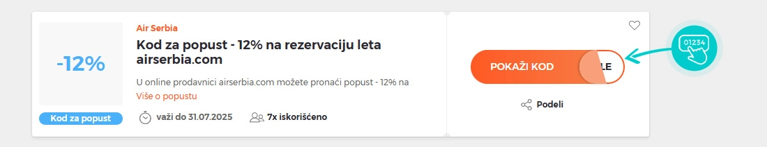 Primer koda za popust za Air Serbia