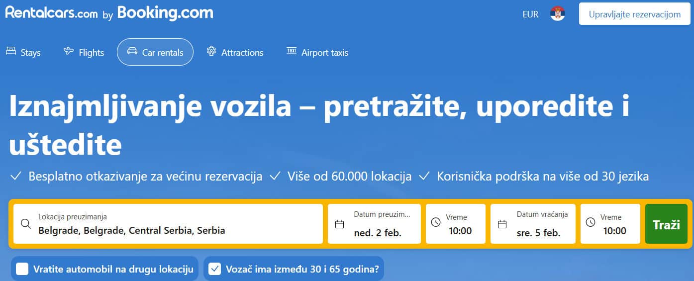 Početna stranica rentalcars.com