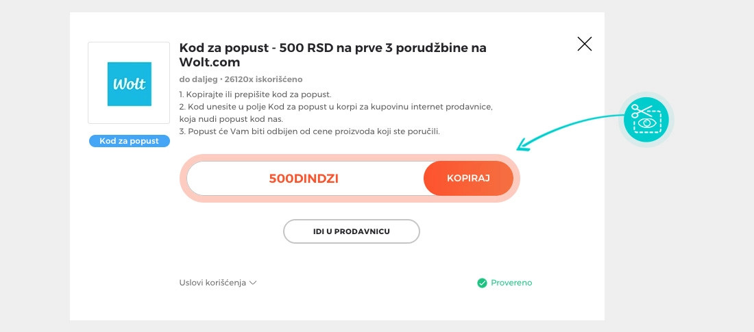 Uputstvo kako da kopirate kod za popust Wolt