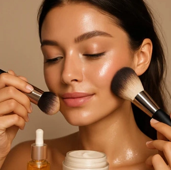 Žena stavlja kozmetiku na lice uz pomoć četkica za šminkanje