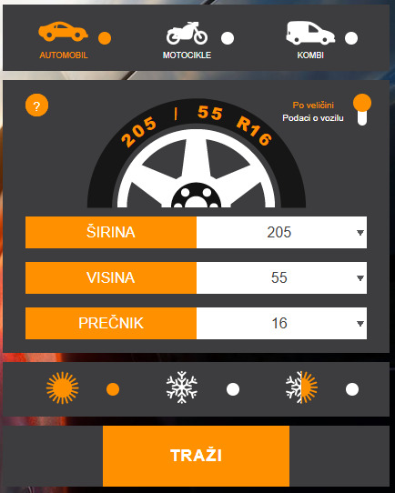 Obrazac za pretragu svih vrsta guma na Tirendo.rs