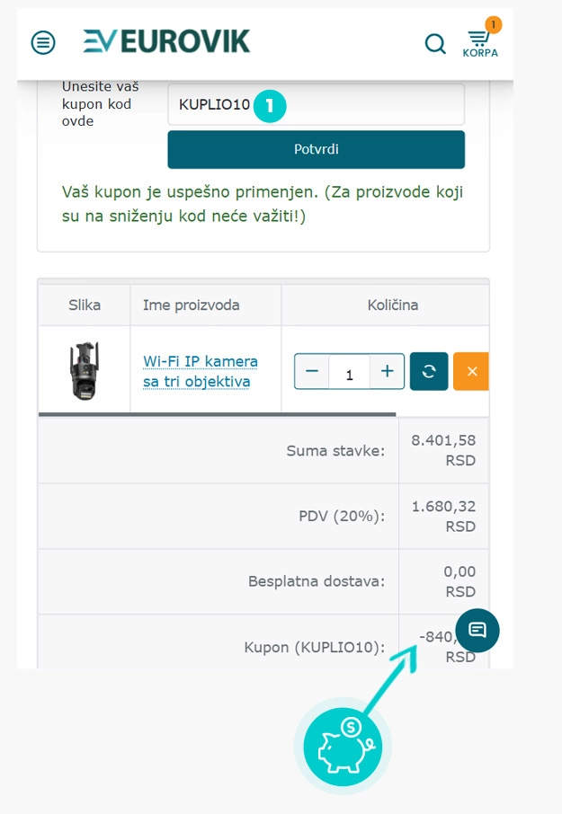 Uputstvo kako da primenite kod za popust u korpi za kupovinu Eurovik