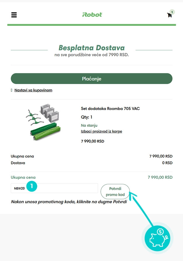 Uputstvo kako da primenite kod za popust u korpi za kupovinu iRobot