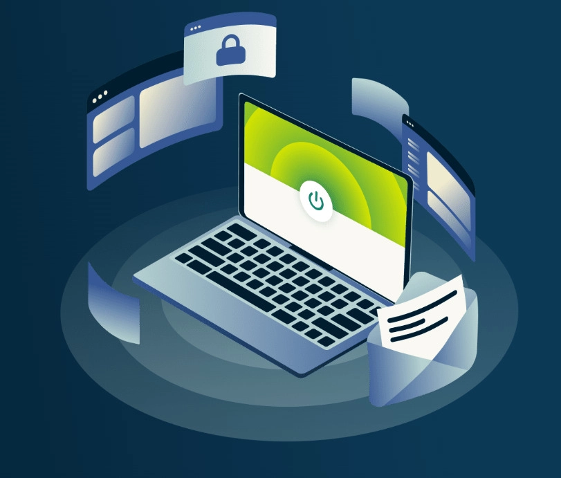 Laptop okružen digitalnim elementima i ikonicama