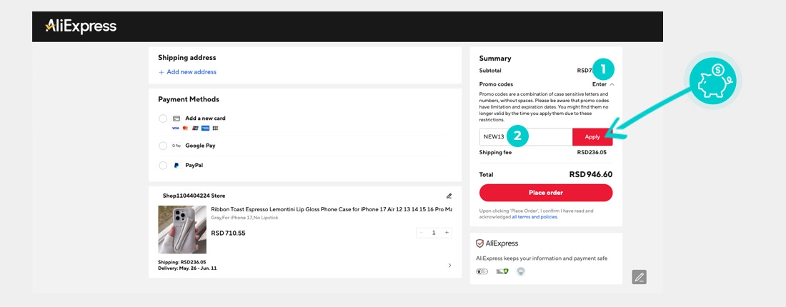 Uputstvo kako da primenite kod za popust u korpi za kupovinu AliExpress
