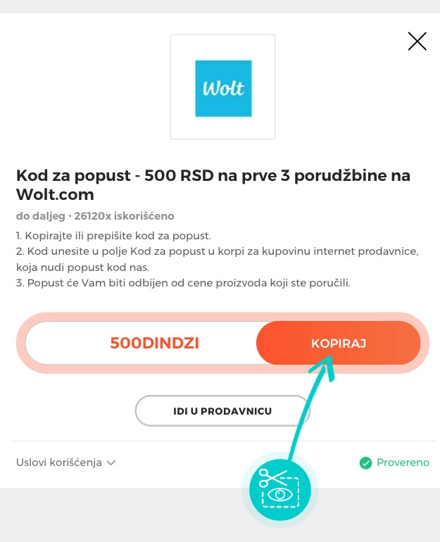 Uputstvo kako da kopirate kod za popust Wolt