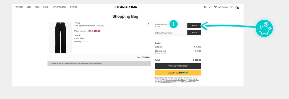 Uputstvo kako da primenite kod za popust u korpi za kupovinu Luisaviaroma