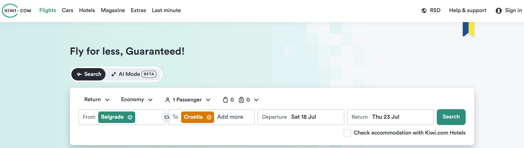 Kiwi.com početna stranica