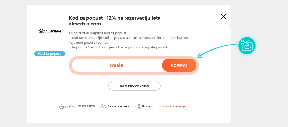 Uputstvo kako da kopirate kod za popust Air Serbia