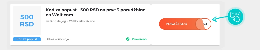 Primer koda za popust za Wolt